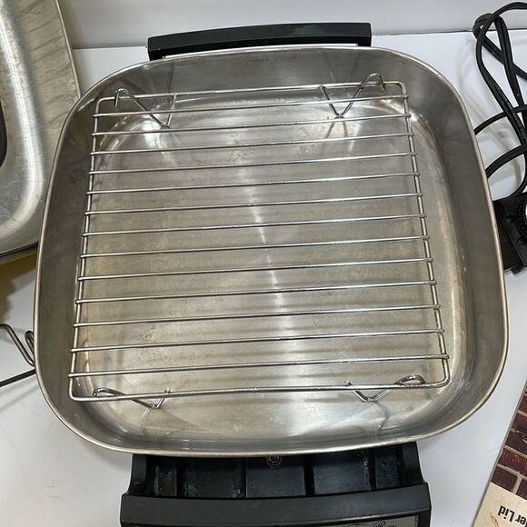 VINTAGE‎ 70s HOOVER STAINLESS STEEL YELLOW FRY PAN WITH BROILER LID - Picture 6 of 16